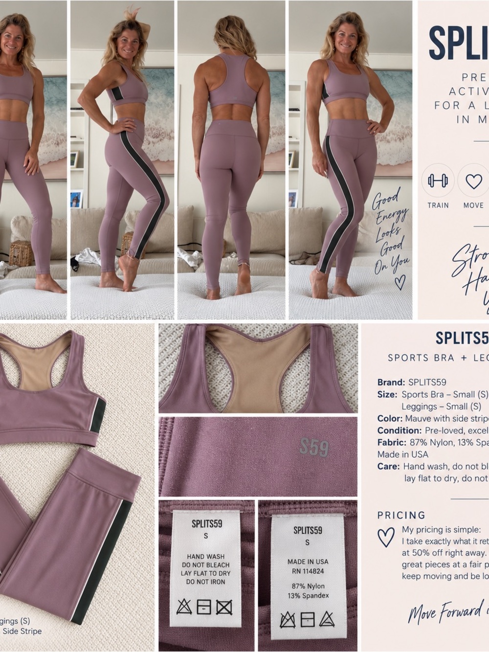 SPLITS59 Mauve Sports Bra and Leggings Set with Black & Cream Side Stripe